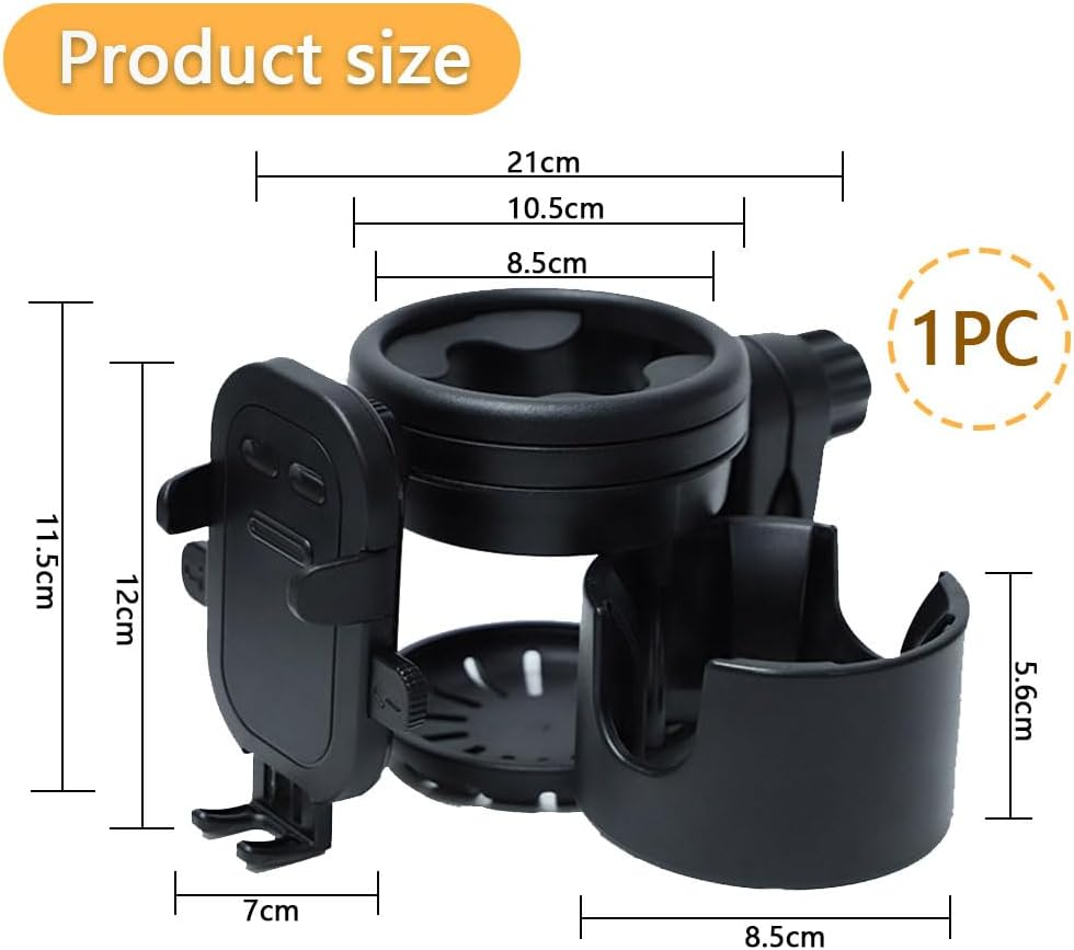 3-In-1 Stroller Cup Holder with Phone Mount &ndash; Universal 360&deg; Rotating Drink Holder for Stroller, Bike, Wheelchair, Scooter & Walker, Adjustable Bottle & Phone Rack (Black) image number 1