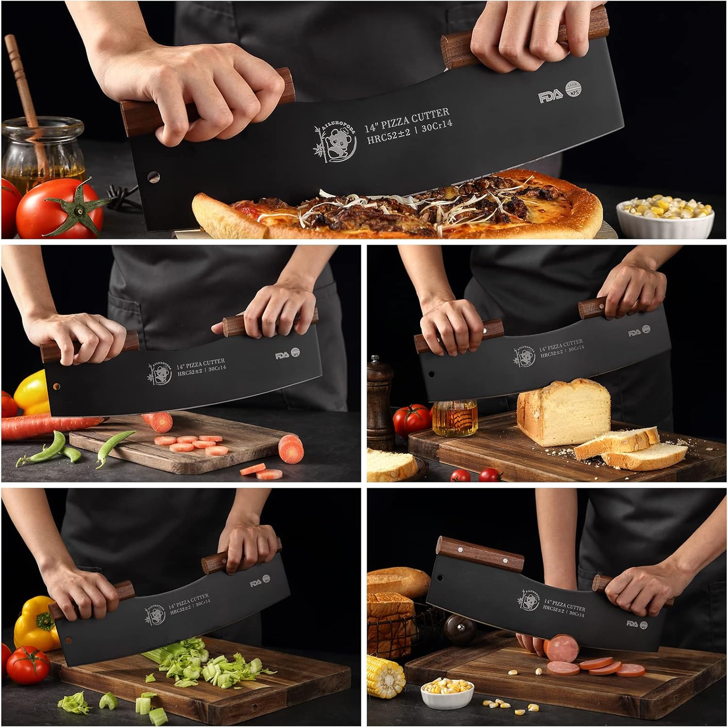 AILUROPODA Pizza Cutter 14" Large Blade Rocker Very Sharp Pizza Slicer 30Cr14 Stainless Steel Pizza Knife with Comfort Grip Walnut Handle and Protective Cover(Black) image number 6