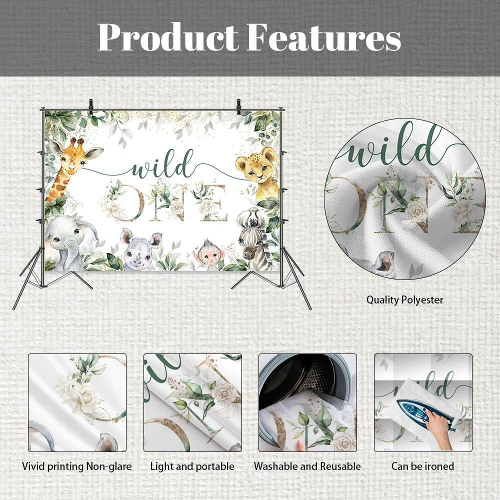 MEHOFOND Boys Girls 1St Birthday Backdrop Cute Wild Animal Eucalyptus Leaves Flowers Photography Backdrop Cake Smash Birthday Party Decoration Banner