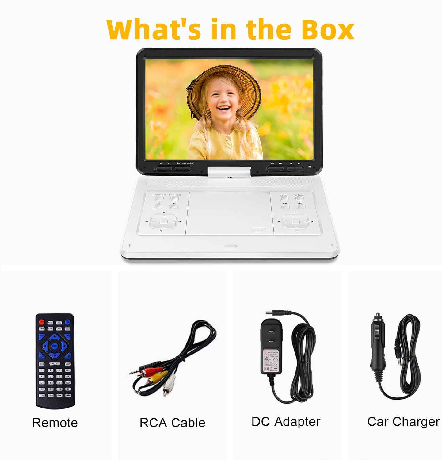 Hothat 16.9'' Portable DVD Player with 6 Hrs Battery, 14.1'' HD Swivel Screen DVD Player Portable, New Screen Button Design, High Volume Speakers, Support Sync Tv/Region Free/Multiple Discs, White image number 6