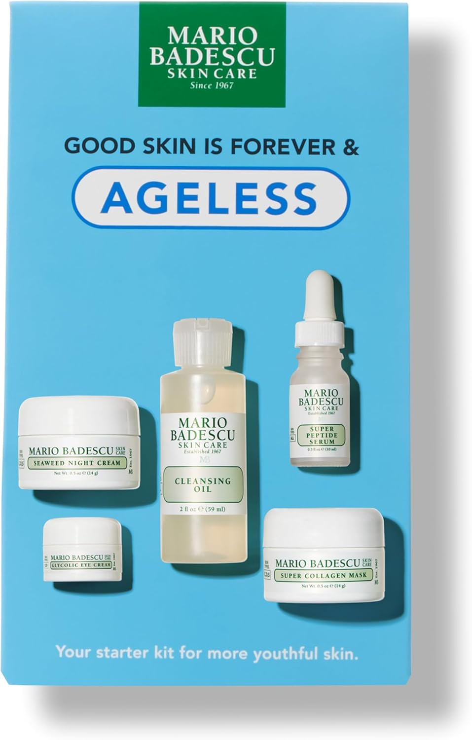 Good Skin Is Forever and Ageless by Mario Badescu for Women - 5 Pc Gift Set 2Oz Cleansing Oil, 0.3Oz Super Peptide Serum, 0.5Oz Super Collagen Mask, 0.5Oz Seaweed Night Cream, 0.15Oz Glycolic Eye Cream