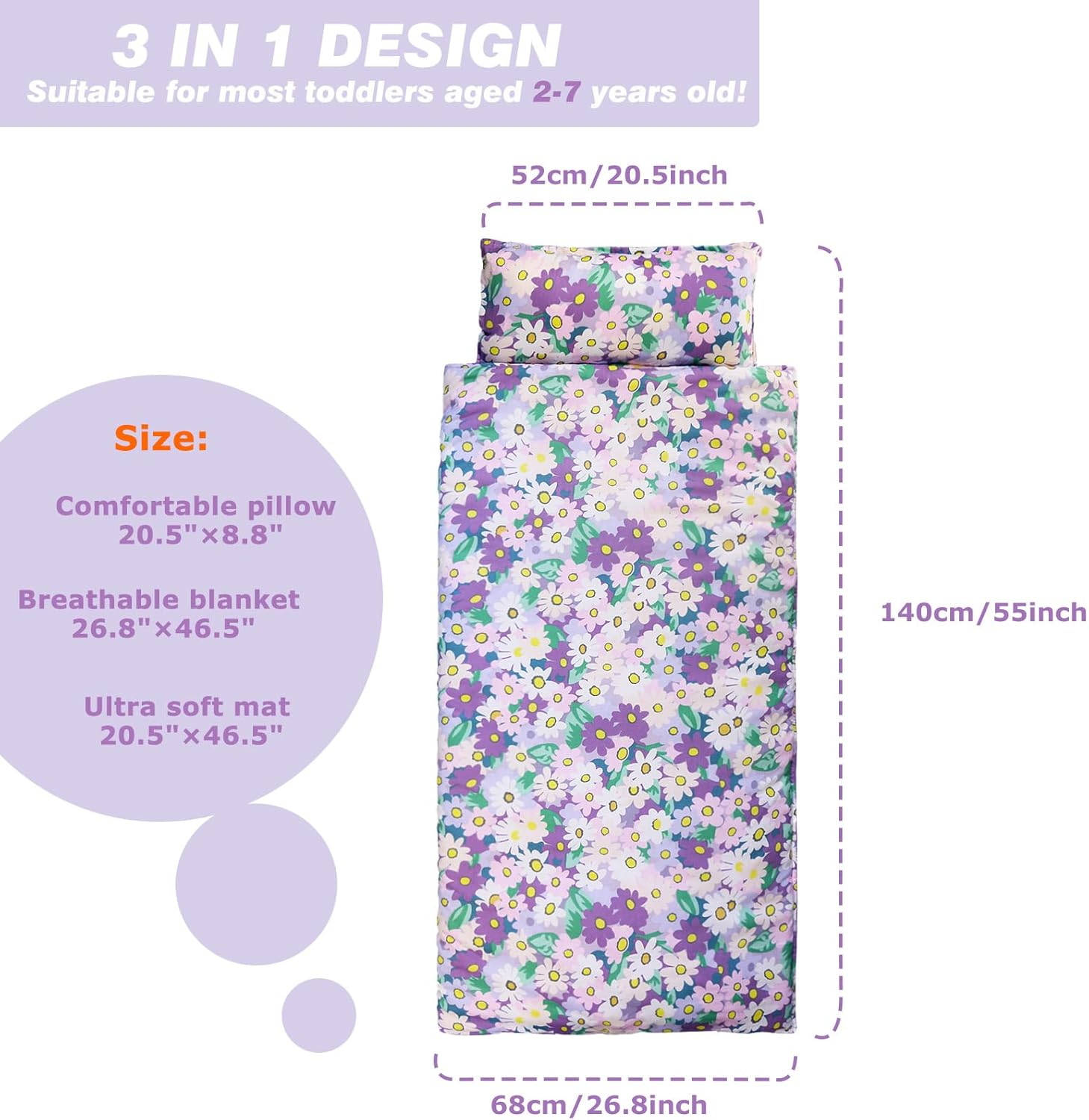 Nap Mat with Removable Pillow and Soft Blanket, Lightweight Daycare Preschool Kindergarten Sleeping Bag, Travel Slumber for Kids Girls Boys