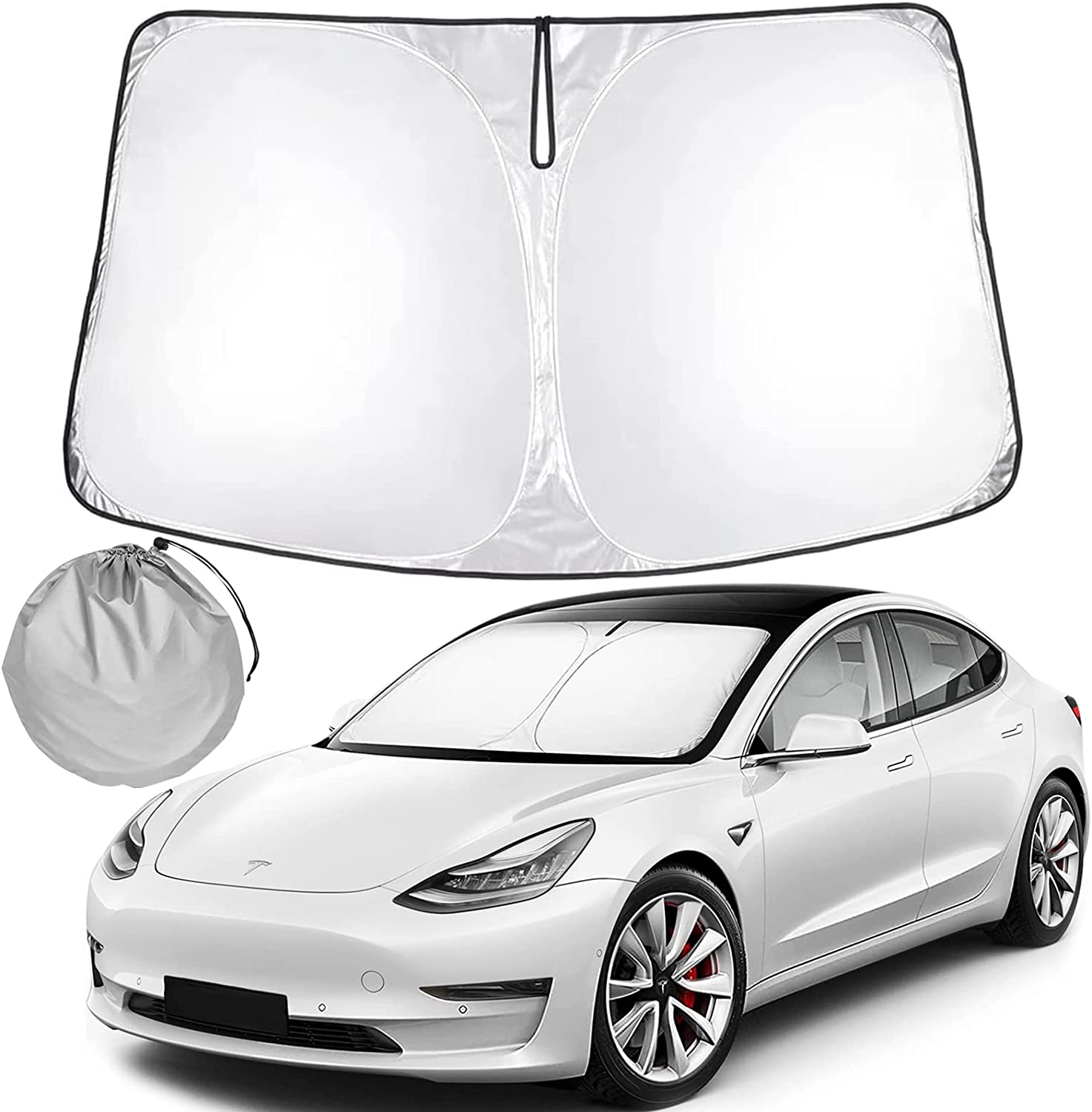 Sunshade for Tesla Model Y Juniper 2026 2025, Front Windshield, Double Layer Light Blocking Fabric, Foldable Sun Shade with a Storage Bag, Accessories for Tesla Model Y