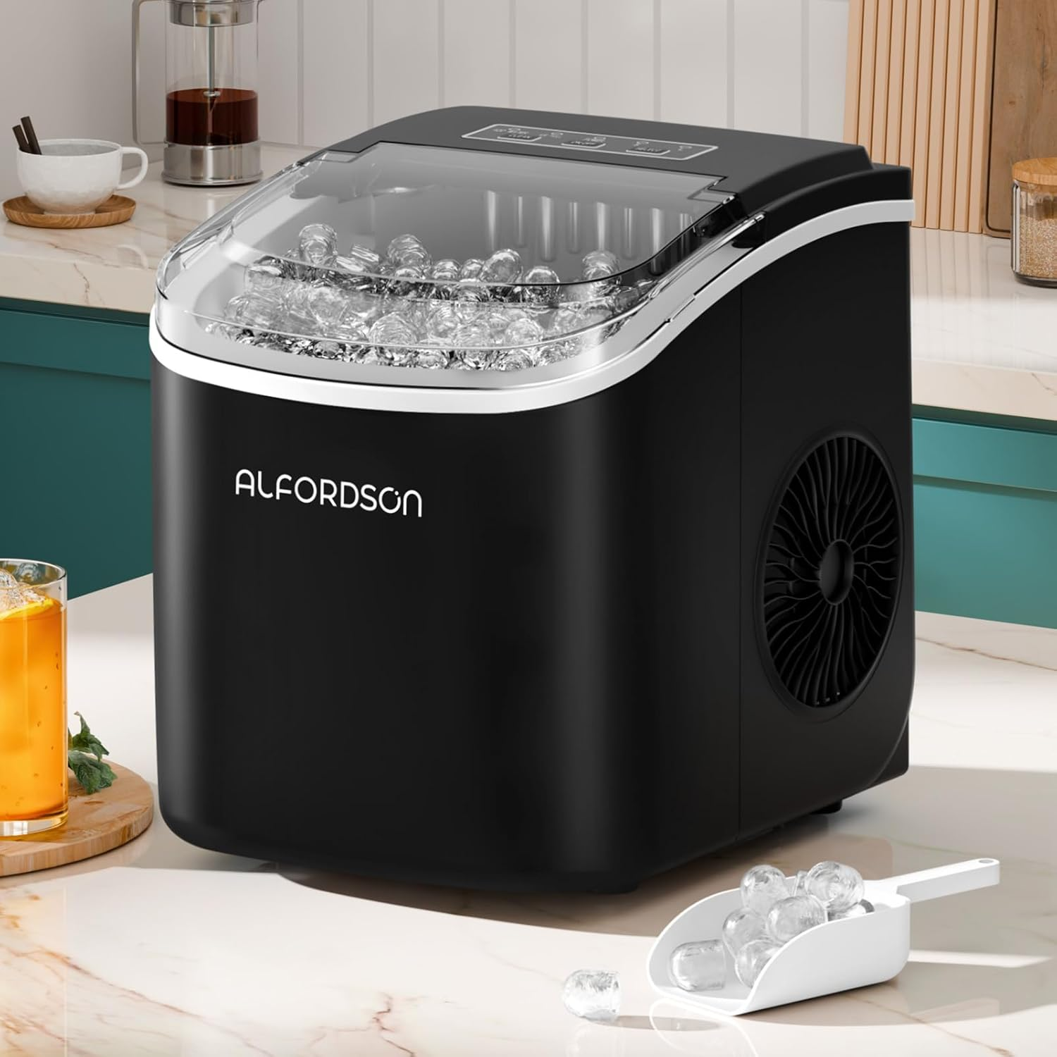 ALFORDSON Portable Ice Maker Machine with Removable Basket and Scoop, 9 Cubes in 6 Mins, Self-Cleaning Ice Machine 1.5L, 12Kg Daily 2 Sizes Ice Cube Tray, for Home/Office/Kitchen/Bar, Black image number 1