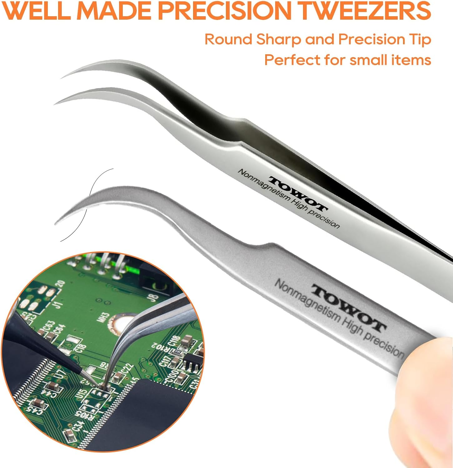 TOWOT Precision Tweezers, Stainless Steel Pointed Tweezers for Craft, Electronics, Soldering, Experimental Work, Jewelry-Making, Non-Magnetic Industrial Tweezers image number 4