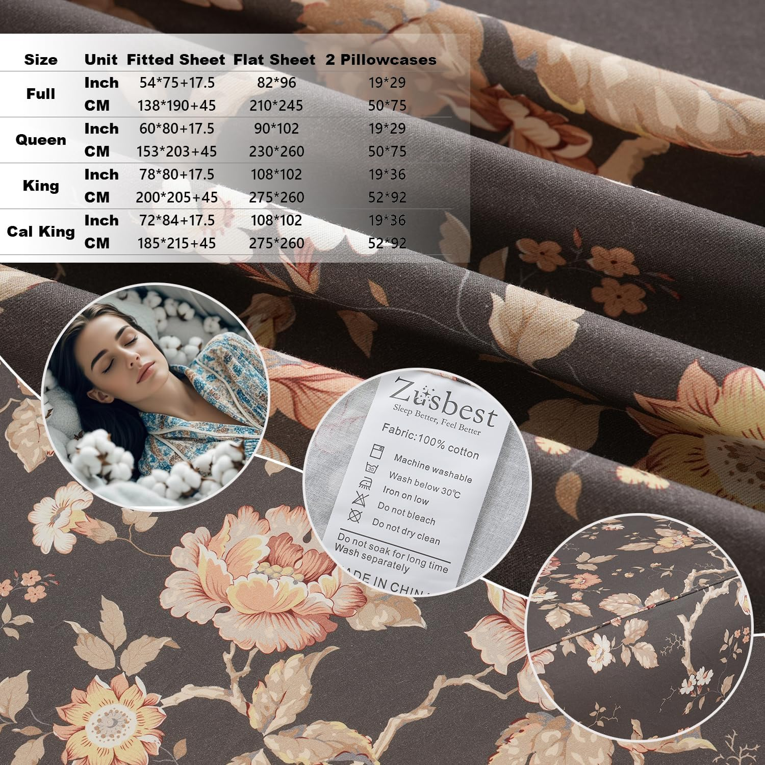 Zusbest Dark Brown Floral Bed Sheets Set - Queen Size Percale Cotton Shabby Rustic Peony Flower Print Bed Sheets - Soft Breathable Mocha Classic Vintage Bedding 4 Pcs Deep Pocket Flower Bed Sheets image number 6