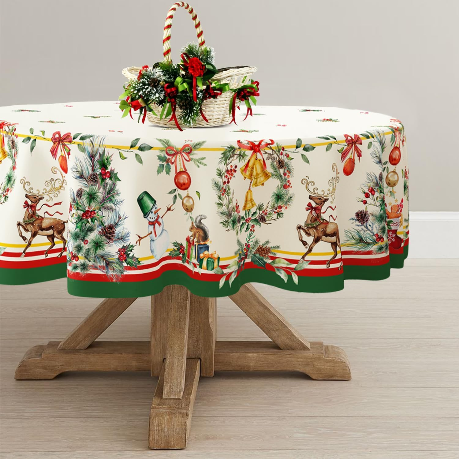 Yighty round Christmas Tablecloth 60 X 60In,Christmas Tree Elk Holiday Decoration Table Cloth,Polyester Waterproof and Wrinkle-Resistant Durable Christmas Tablecloth for Kitchen,Winter and Home Decor image number 2