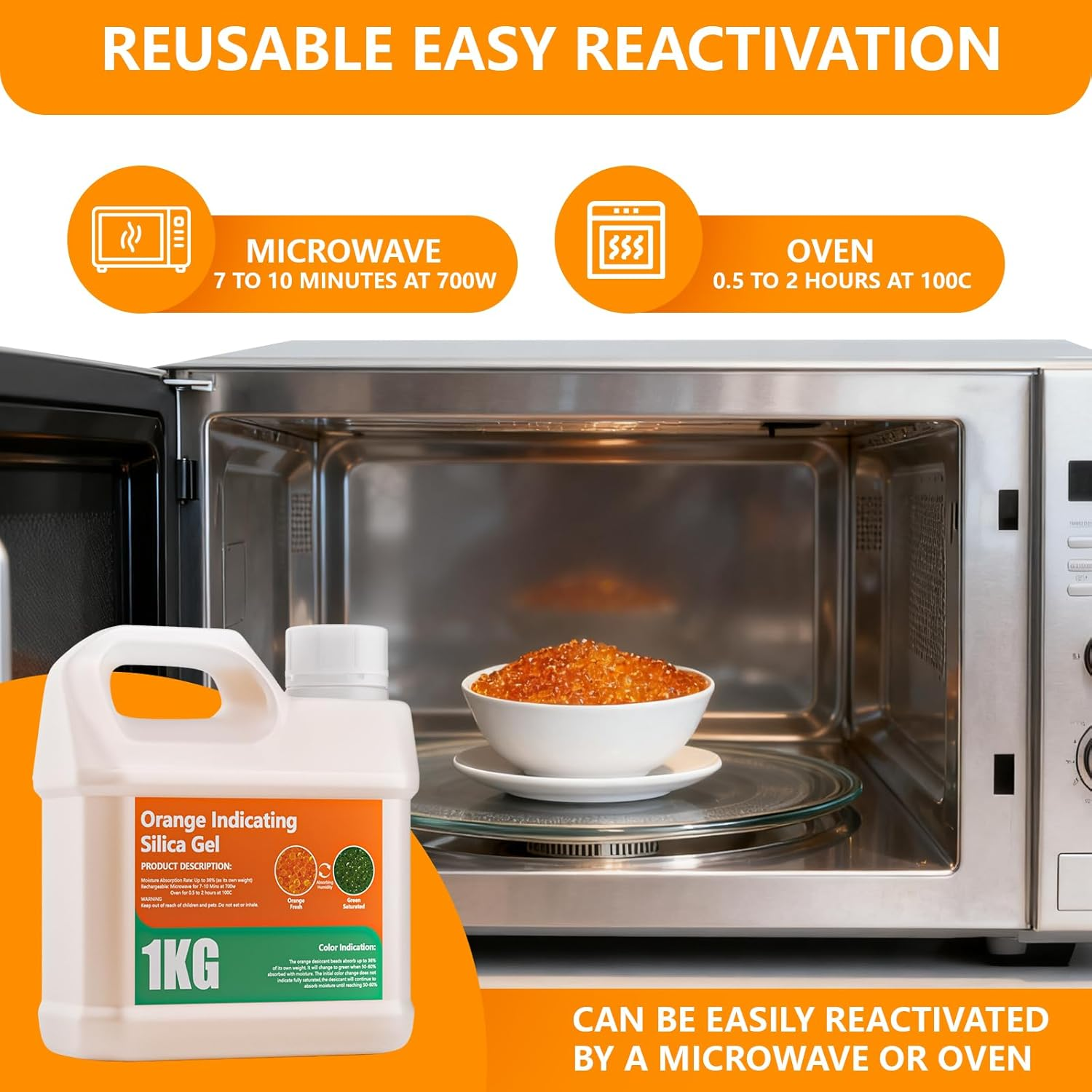 1KG Silica Gel Beads,Orange Moisture Indicating Rechargeable Silica Gel Desiccant Packets for 3D Printer Accessories, Filament Dryer,Filament Storage(Industry Standard 2-4Mm)