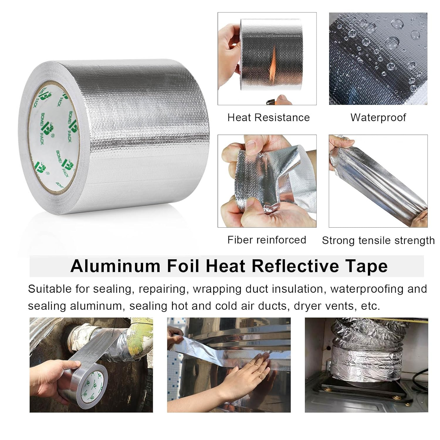 BOMEI PACK 1 Roll Aluminum Foil Heat Shield Tape,Heat Reflective Heat Shield Thermal Barrier Foil Tape,Fiber-Glass Aluminum Foil Tape 4 Inch X 66Feet image number 5