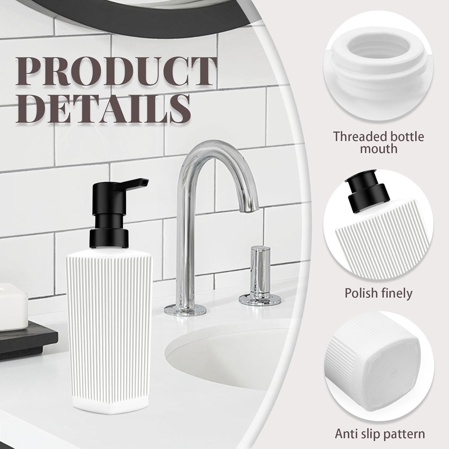 Diakey 2 Pack White Soap Dispenser, Soap Dispenser Bathroom, 12Oz Glass Hand Soap Dispenser with Pump, Dish Soap Dispenser for Kitchen, Refillable Ribbed Liquid Soap Dispenser Bottle image number 5