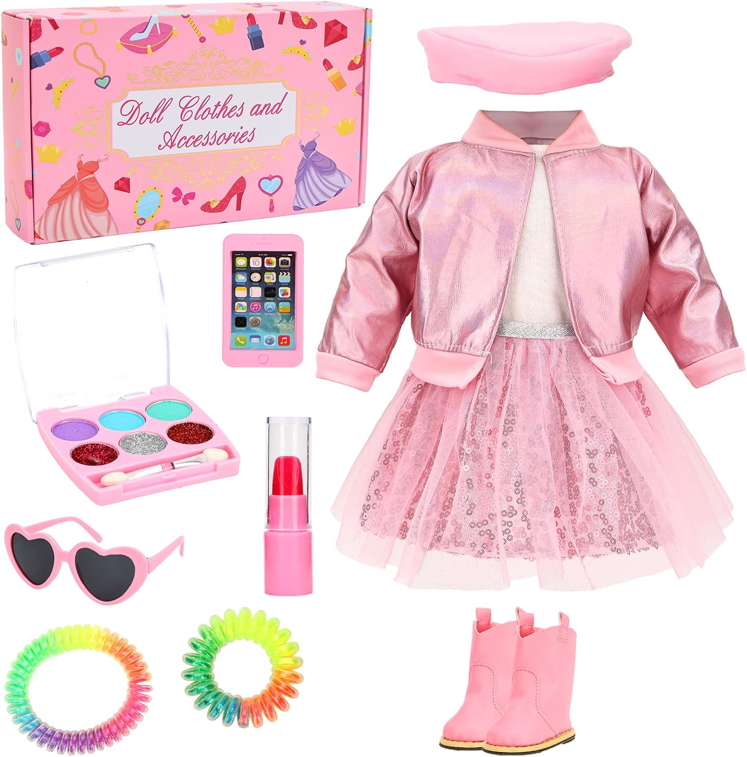 Barwa 11 Pcs American 18 Inch Girl Doll Clothes & Accessories Include Beret T-Shirt Jacket Skirt Boots Phone Doll Makeup Playset Eye Shadow Lipstic for 18 Inch Girl Dolls (NO Dolls)