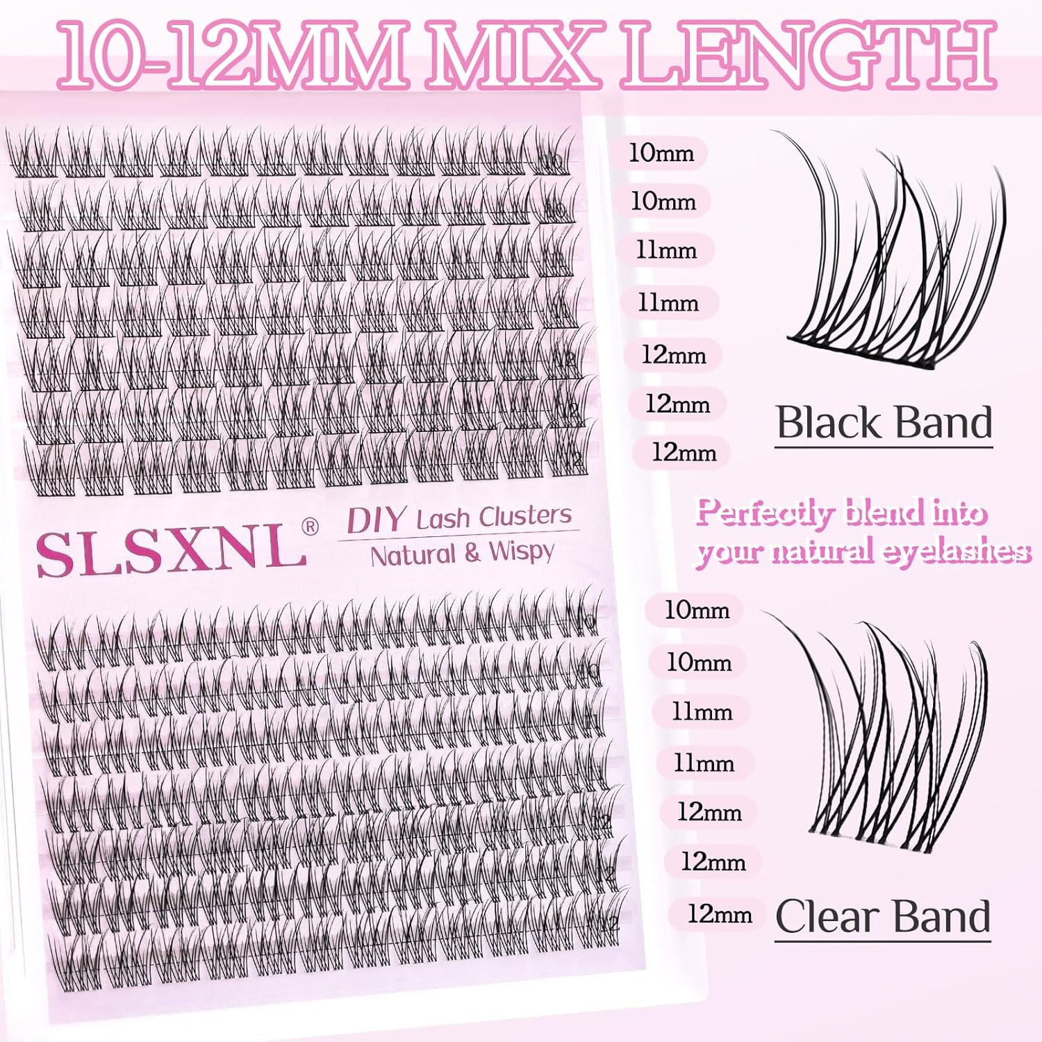 SLSXNL Natural Lash Clusters Wispy Clear & Black Band Eyelash Cluster Lashes 10-12MM C Curl Thin Band False Eyelashes Extensions image number 1