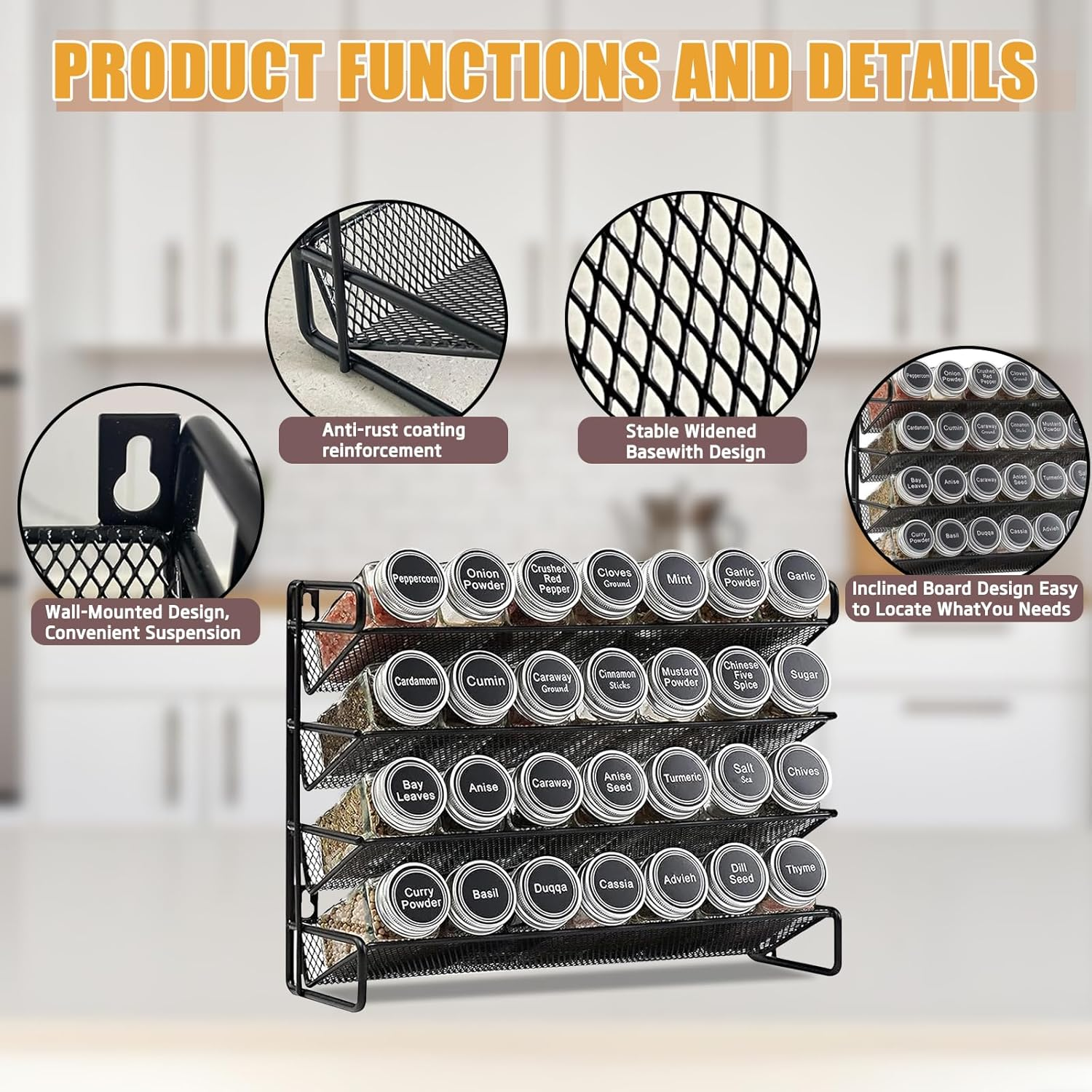 UPAUS Spice Rack Organizer with 28 Spice Jars, 180 Spice Labels, Chalk Marker, Bottle Brush and Funnel Set for Cabinet, Countertop, Pantry, Cupboard or Door & Wall Mount, 4 Tier, 34.5Cm W &times; 26.7Cm H image number 3