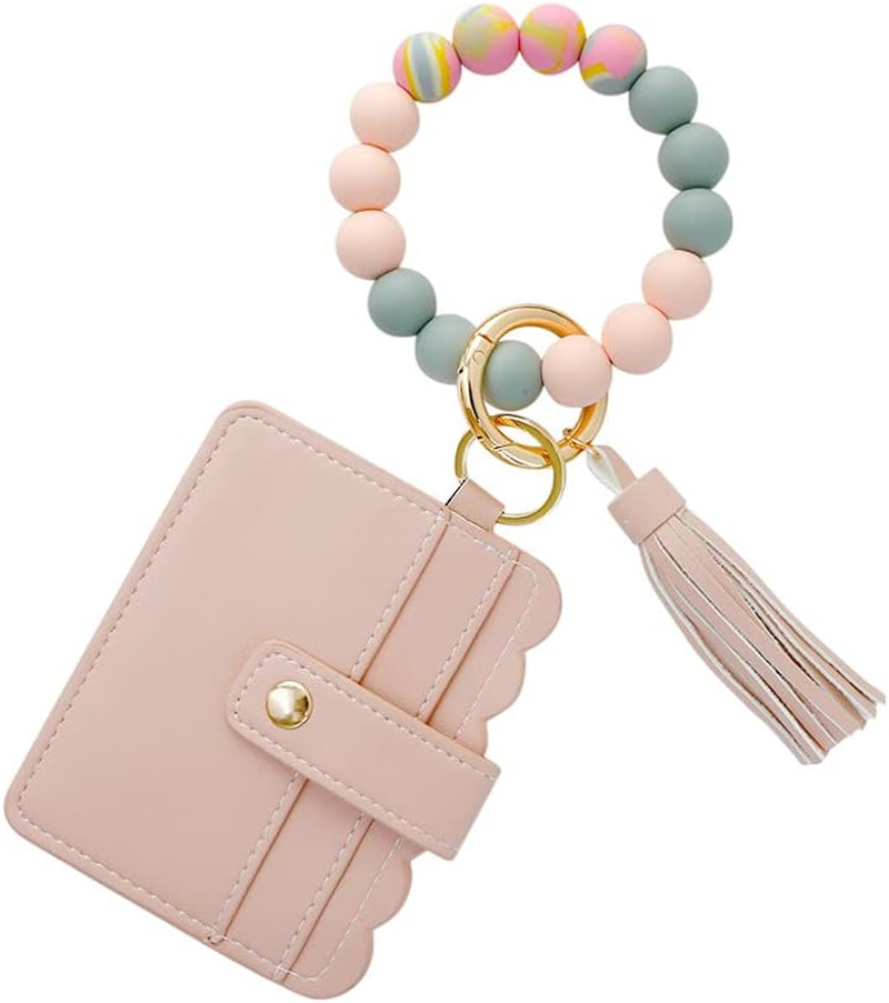 Silicone Beaded Bracelet Leather Keychain Wallet ID Card Holder Keyring Wristlet Bracelet Key Ring Chain Tassel Purse Women Girls Light Pink