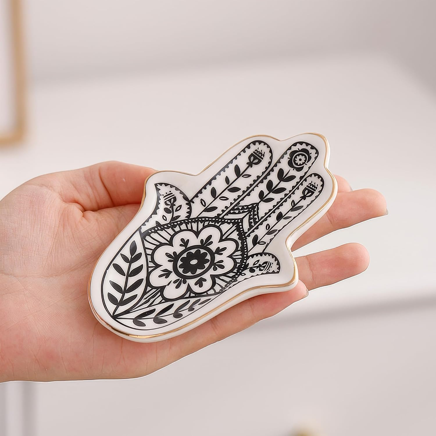 Hamsa Hand Ceramic Jewelry Tray - Home Decor Gold Trim Ring Dish & Small Item Organizer for Desk Vanity, Feng Shui Ornaments. image number 2