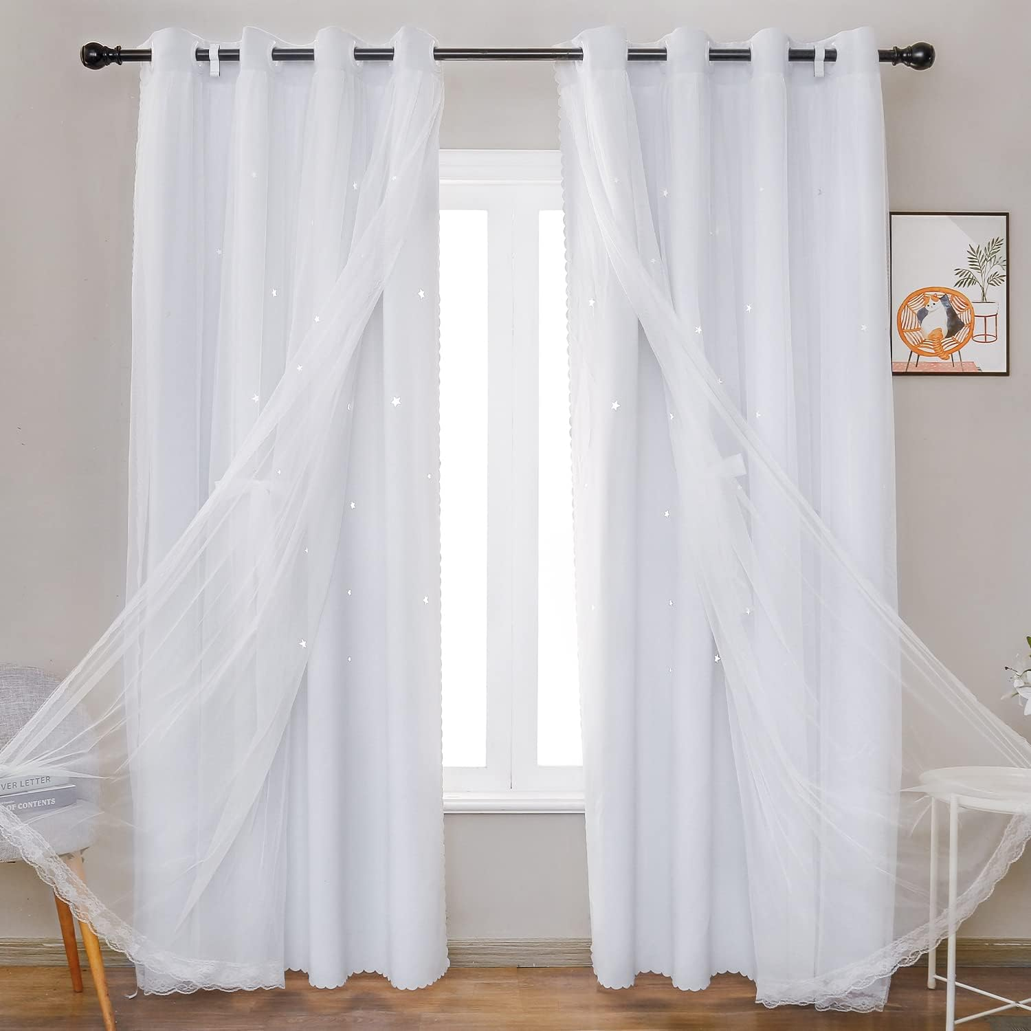 UNISTAR 2 Panels Stars Blackout Curtains for Bedroom Girls Kids Baby Window Curtain Double Layer Star Cut Out Aesthetic Living Room Decor Wall Home Decorations Curtain,W52 X L84 Inches,Pink image number 2