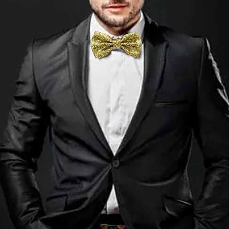 Glitter Sequin Bow Tie, 1 Pcs Sparkly Pre-Tied Bow Tie for Men Novelty Bowite for Cocktail Hen Wedding Party Costume Fancy Dress (Gold, One Size) image number 2