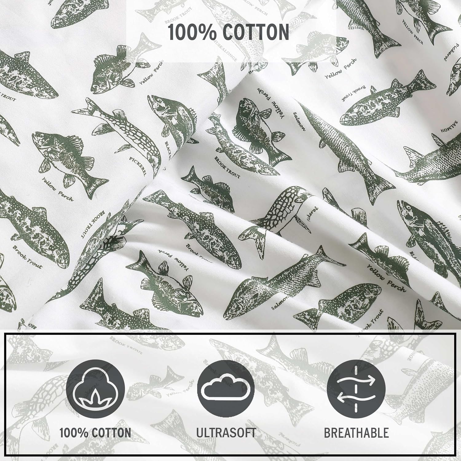 Eddie Bauer - Sheet Set, Cotton Percale Bedding with Matching Pillowcases, Crisp & Breathable, 200-Thread Count, Classic Comfort Essentials (Wes Fish Green, Queen)