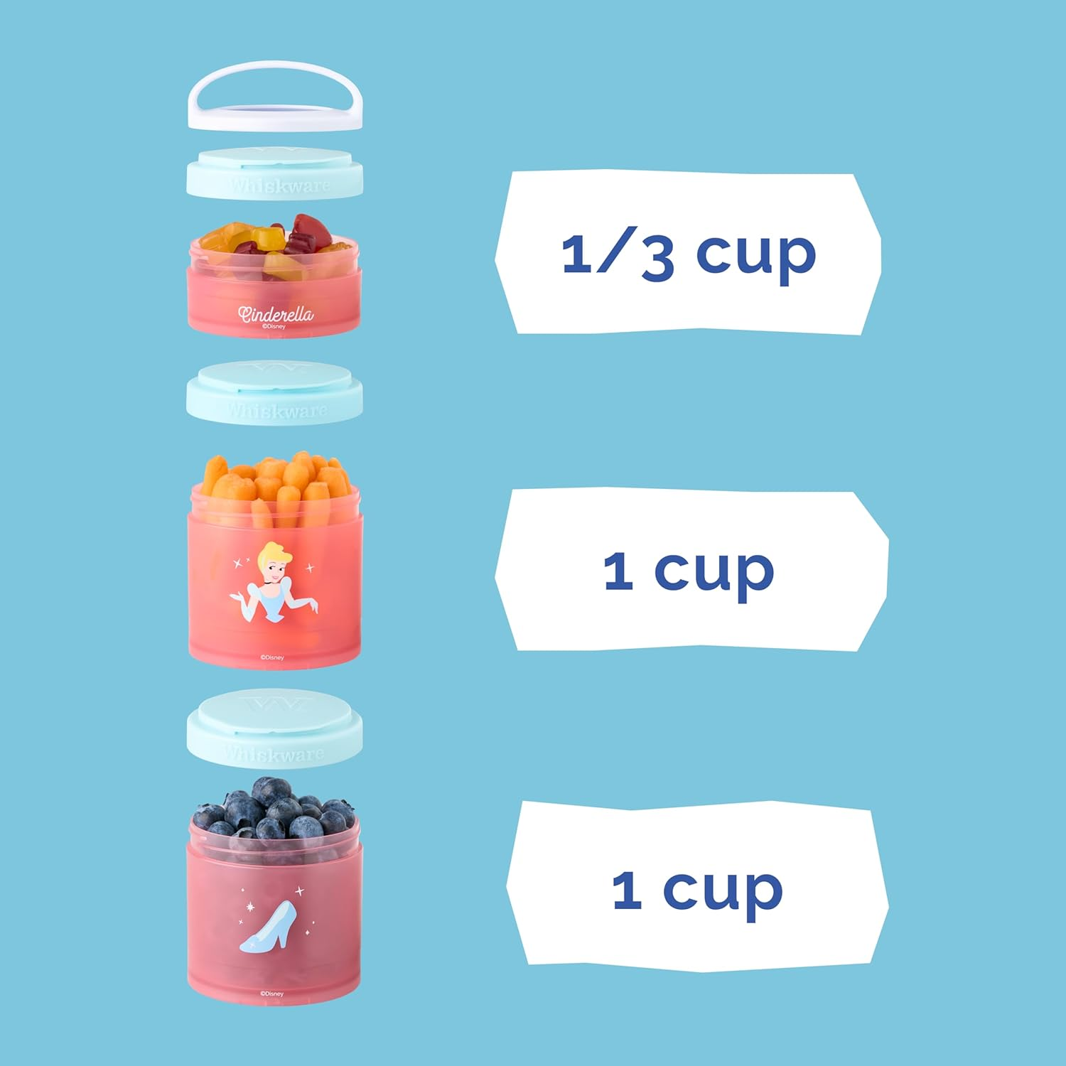 Whiskware Disney Princess Cinderella, Stackable Snack Containers for Babies, Kids, and Toddlers, 3 Stackable Snack Cups for School or Travel, Backpack and Cupholder Friendly, Glass Slipper