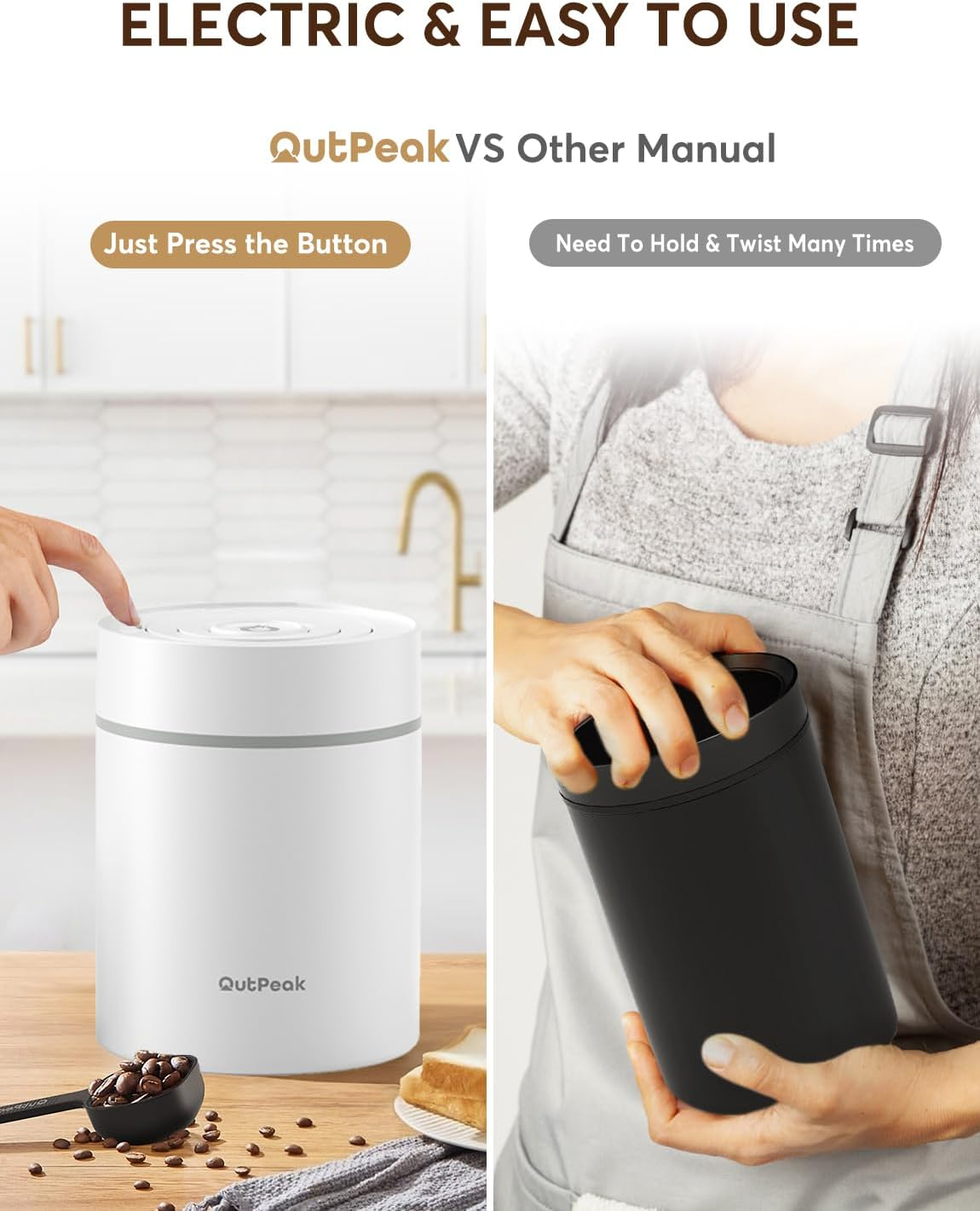 OUTPEAK Kilo Automatic Vacuum Coffee Canister, 1.8L for 600G Coffee Beans, One Button Operation, Stainless Steel Container with Spoon, 6 Months Fresh Storage Container image number 2