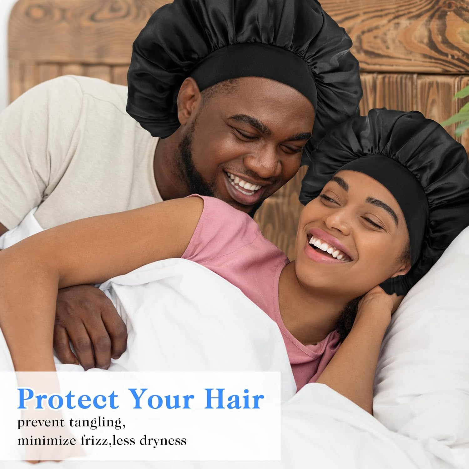 Bonnet for Men, Silk Satin Sleep Cap Single Layer Elastic Band Stretchy Tie Band Wide Soft Adjustable Hair Cap Large Silk Bonnets for Women Curly Hair Sleeping Black, Black, 3 - Dark Purple image number 6