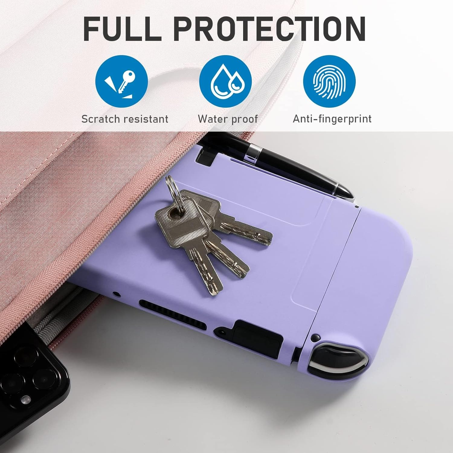 Dockable Case for Nintendo Switch OLED Model 2021, Soft TPU Protective Cover Case for Switch OLED Console and Joy-Con Controller with 2 Pcs Thumb Grip - Light Purple image number 3