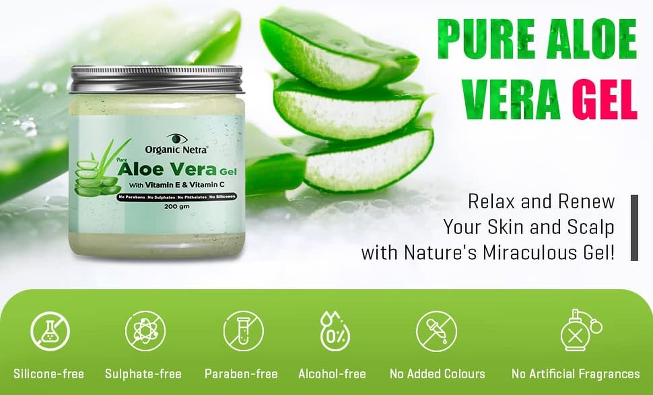 Organic Netra Pure Aloe Vera Gel with Vitamin C & E for Skin, Face and Hair Helps to Repair and Smoothens Hair Relax and Renew Your Skin and Scalp Paraben Free & Sulphate Free, 200Gm image number 3