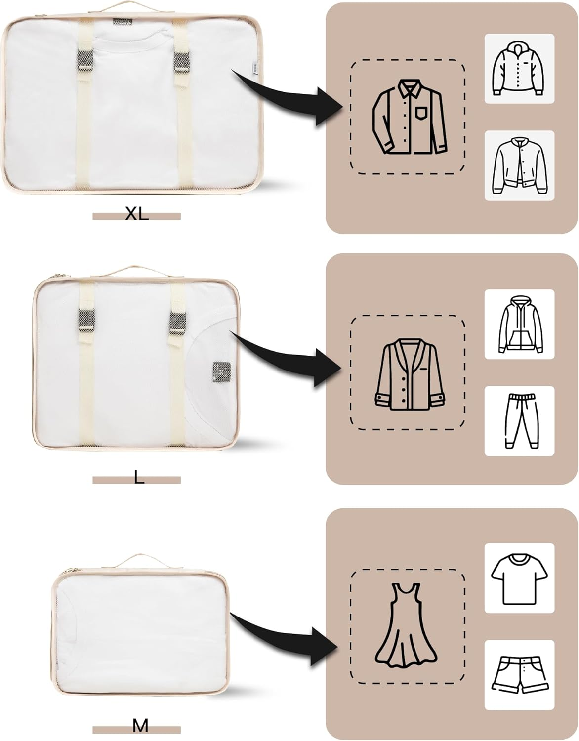 TRAILKICKER 9 Set Packing Cubes for Carry on Suitcase Travel Organizer Bags for Luggage Suitcase Organizer Bags Packing Cube Set for Packing Women Men (Beige) - Black image number 5