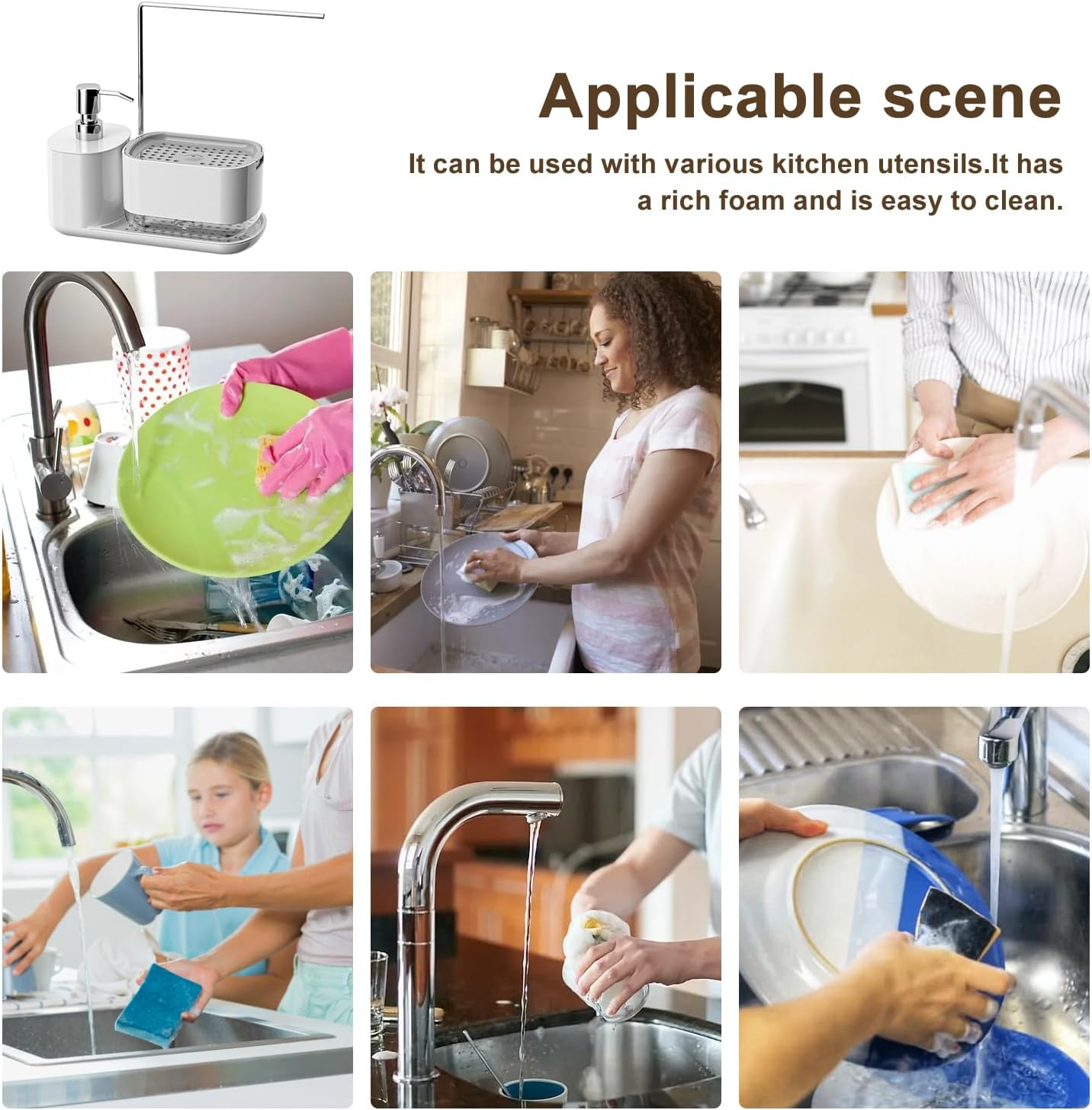 AMZYYDS 4 in 1 Hand Soap and Dish Soap Dispenser for Kitchen with Sink Organizer Dual Dispenser for Dishwashing and Hand Washing,Kitchen Sink Caddy for Storage of Sponges and Washcloths (White) - White image number 6