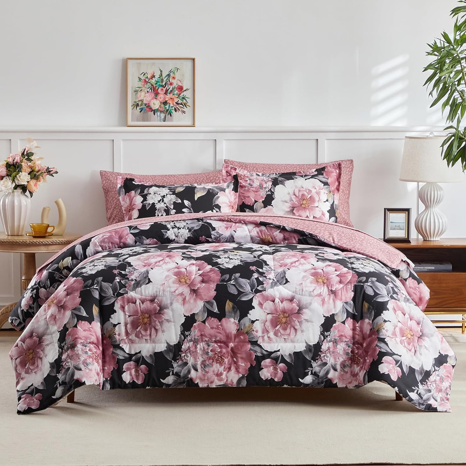 Joyreap 3Pcs Floral Comforter Set King, Tie-Dye Pink Flowers on Gray Design, Microfiber Lightweight Bedding Comforter Set for All Season- 100X88 Inches