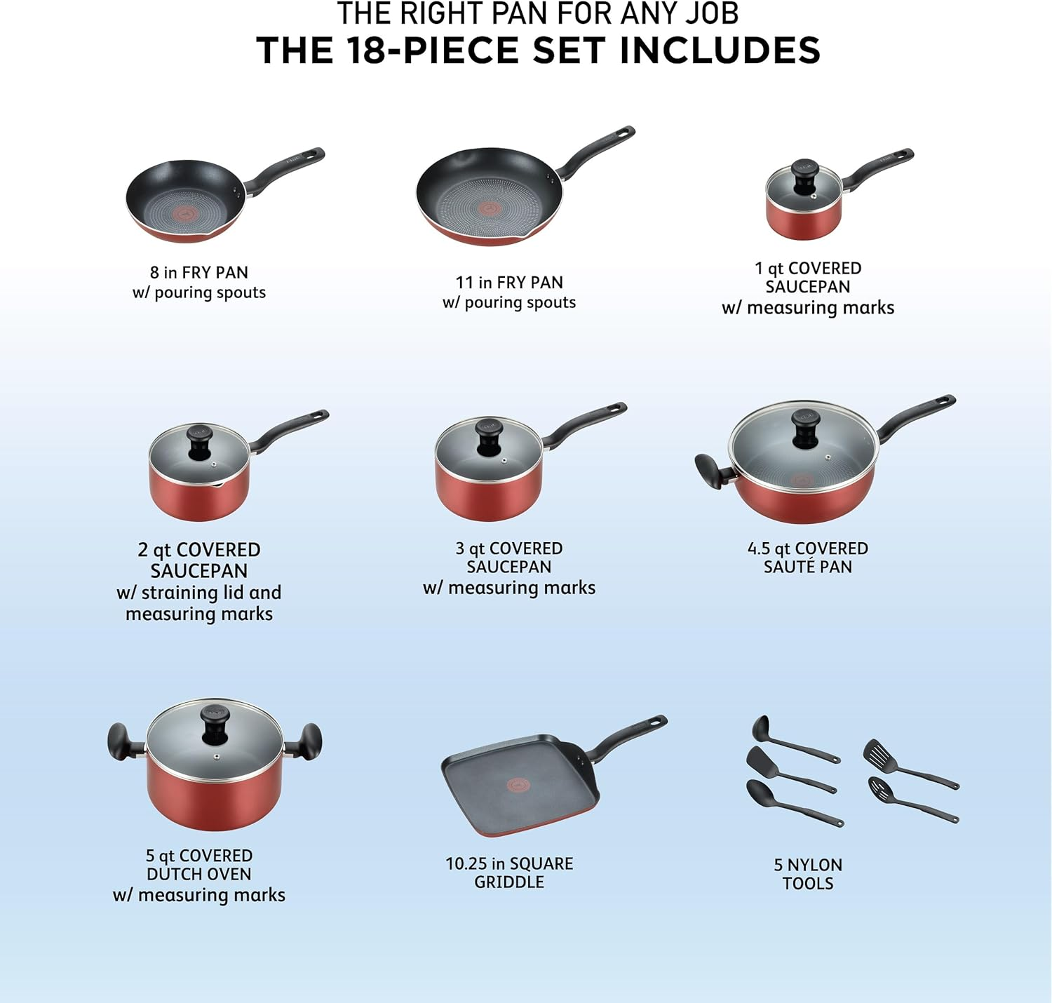 T-FAL B165SI Initiatives Nonstick inside and Out Dishwasher Safe 18-Piece Cookware Set, Red image number 4