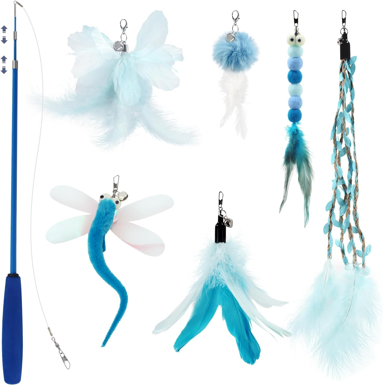 SONGWAY Cat Wand Toys for Indoor Cats - Cat Feather Toys with Retractable Cat Stick and 6 PCS Fairy Cat Teaser Toy Refills, Butterfly Tassel Plush Cat Toys Interactive, Blue Visit the SONGWAY Store