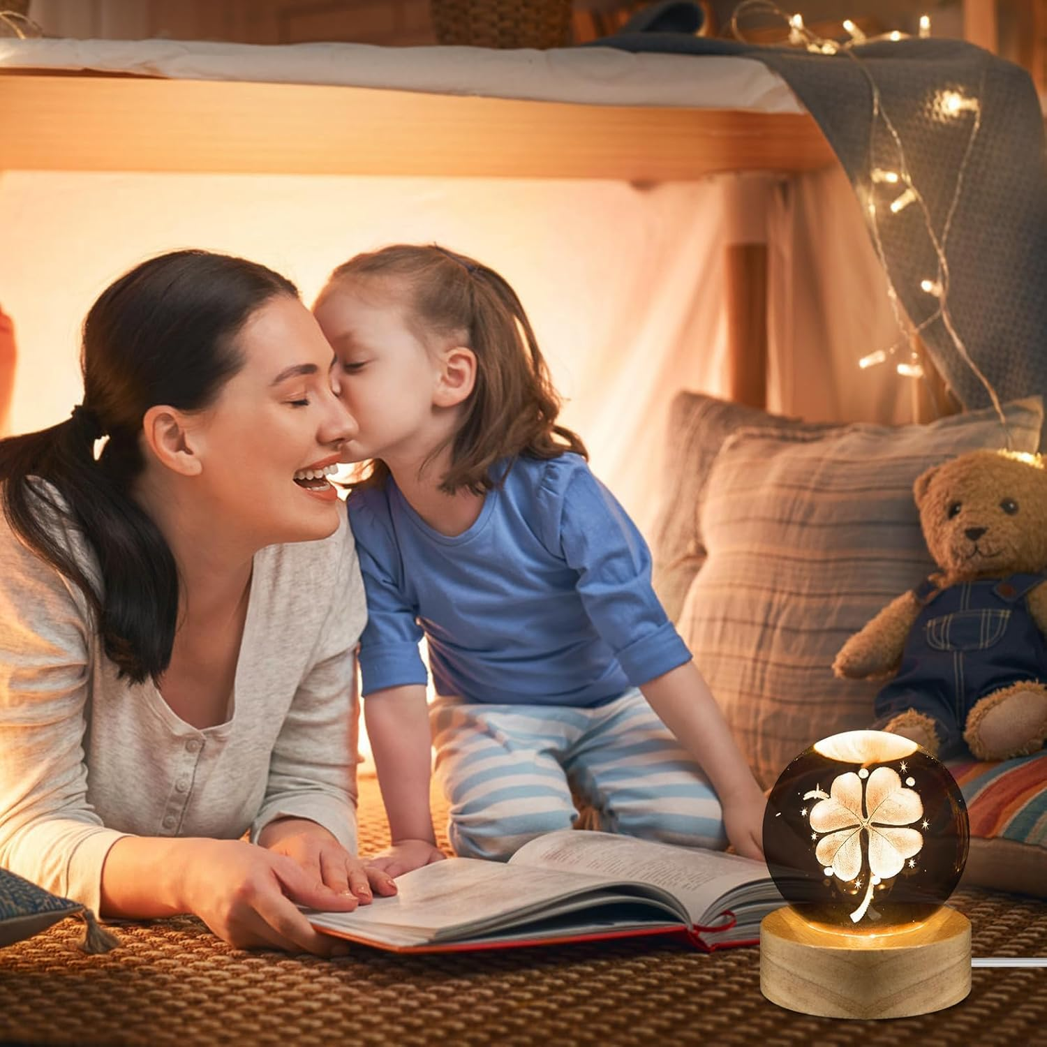 3D Crystal Ball Night Light, 60 Mm Four-Leaf Lucky Charm Clover Crystal Ball, Glass Ball Lamp Decoration with Wooden Base, Christmas Gifts Night Light for Children for Christening, Birthday image number 5