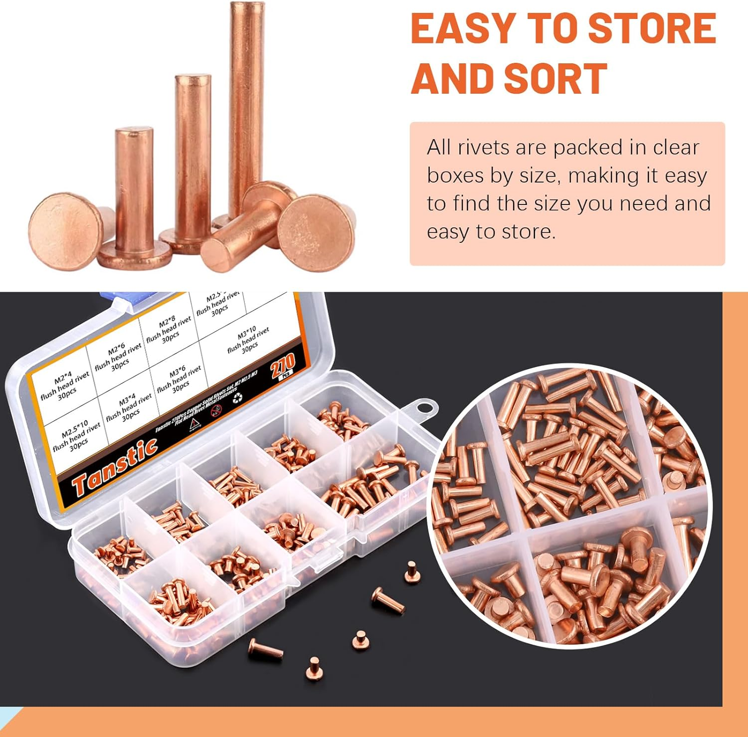 Tanstic 270Pcs Flat Head Copper Solid Rivets, M2X4/6/8, M2.5X5/8/10, M3X4/6/10 Solid Copper Rivets Fasteners for Electrical Applications Copper Finish Copper Tone image number 6