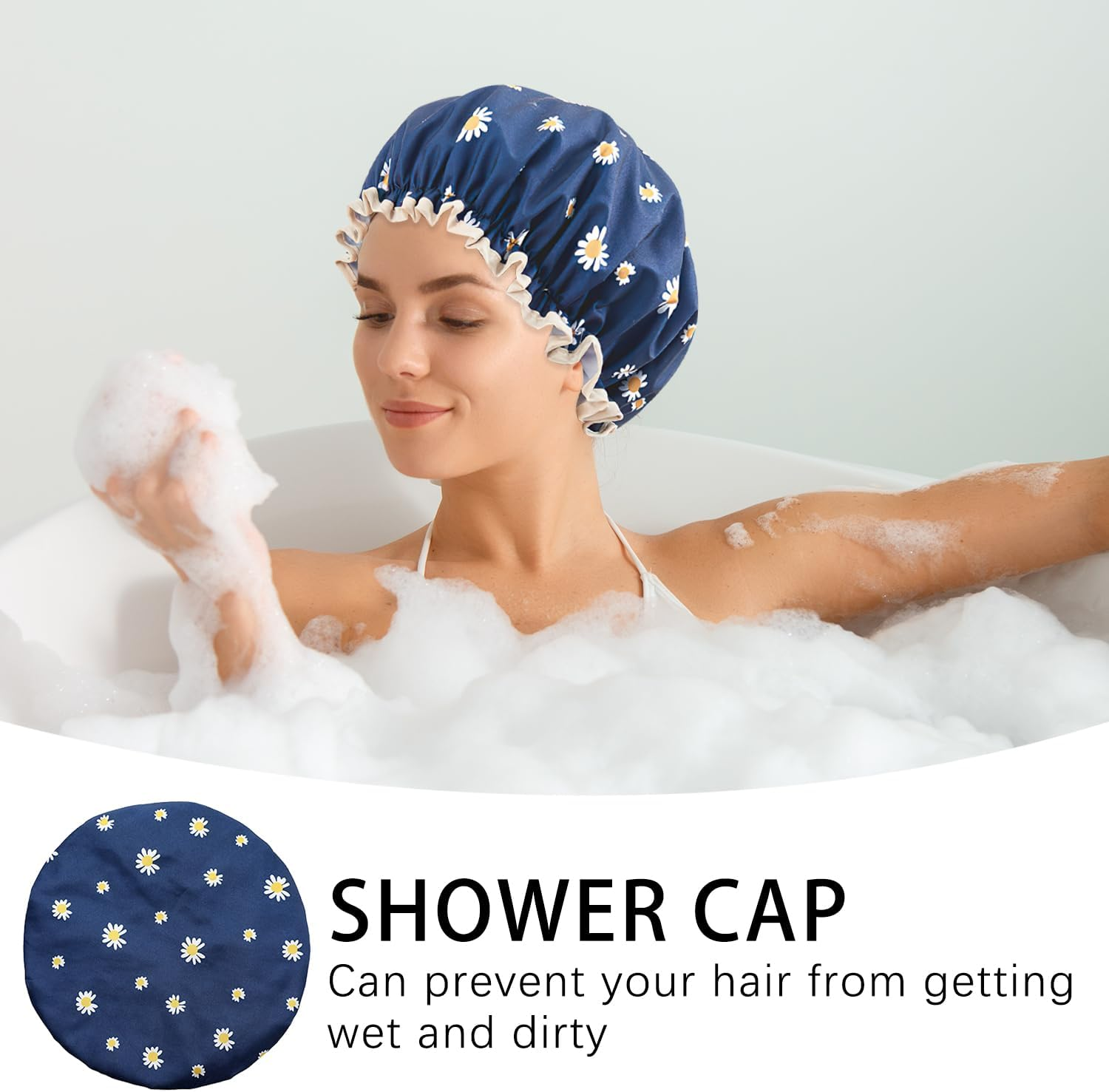 Women'S Double Layer Waterproof Shower Cap with Floral Pattern for Long Short Curly Hair (Blue) image number 3