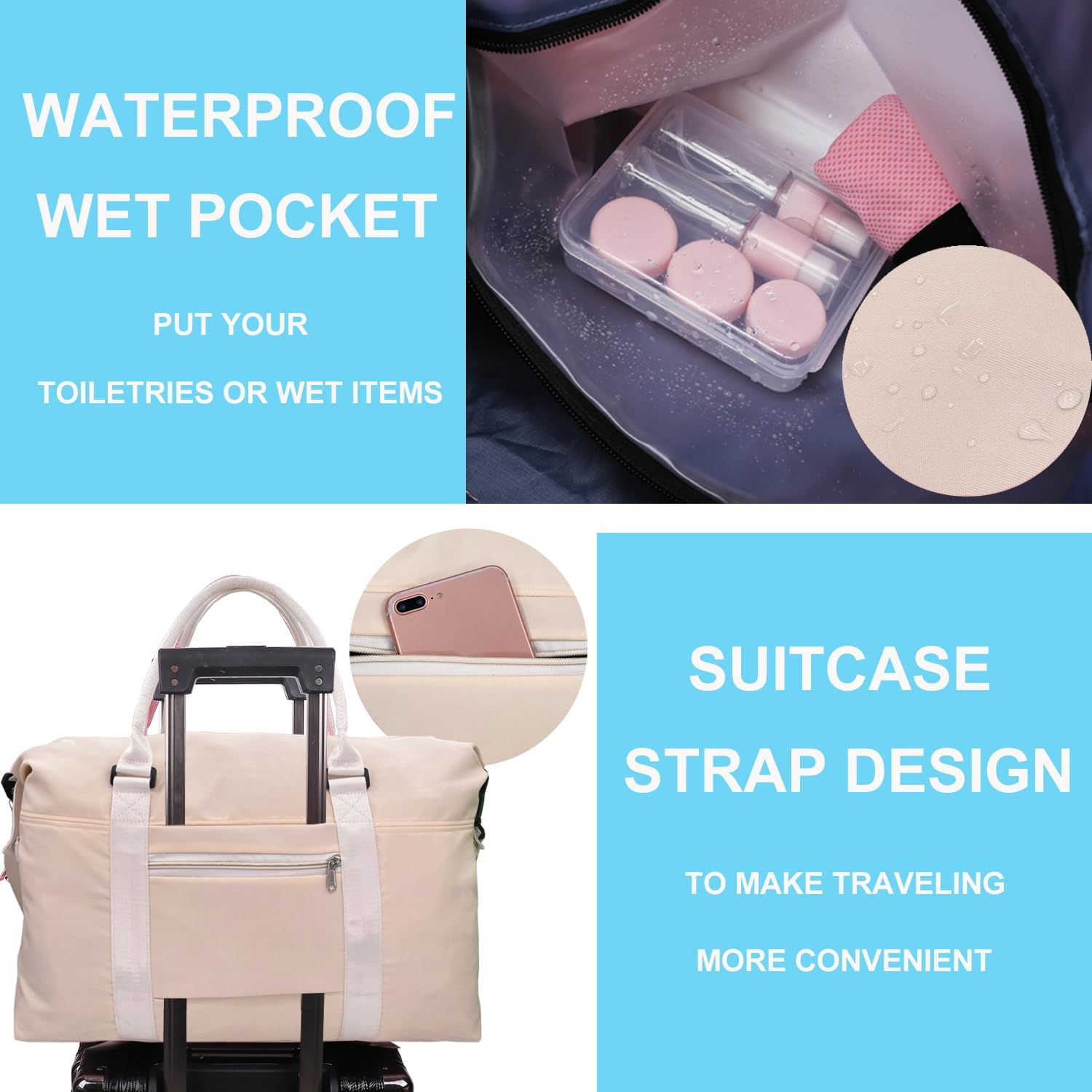 Travel Duffle Bag, Waterproof Sport Tote Gym Bag for Women Men, Overnight Weekender Carry on Bag with Wet Pocket, Beige, Fashion