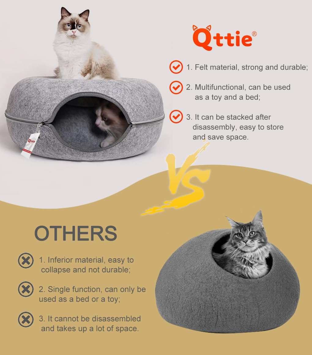 Cat Tunnel Bed for Indoor Cats - House Donut for Pet Cave, Detachable round Felt & Washable Interior Play Tunnel (60X60X27Cm, Light Grey)