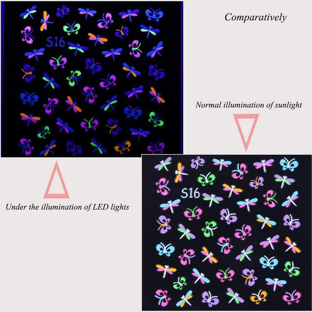 Kalolary 24Sheets Fluorescence Nail Art Stickers Decals 3D Self-Adhesive Butterfly Flower Love Fruits Pattern DIY Decoration Tools Accessories for Women