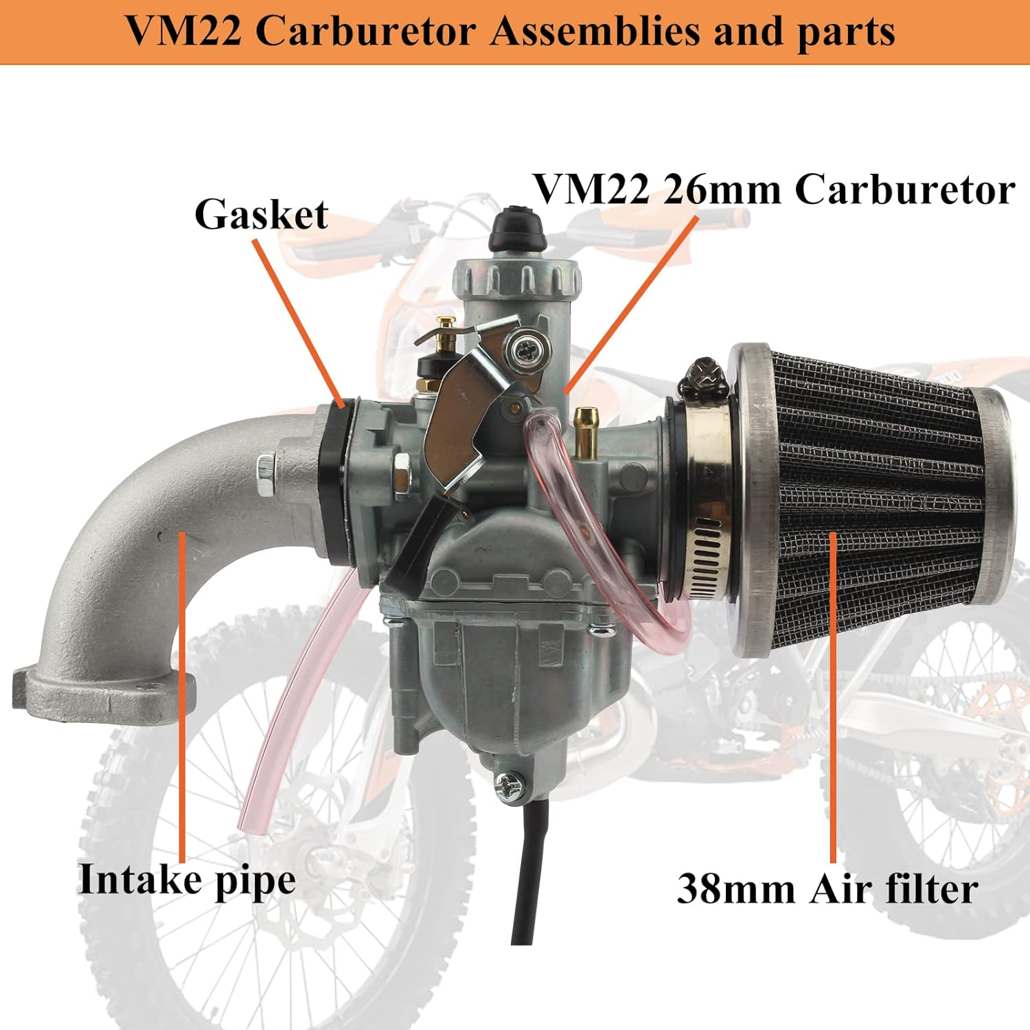 VM22 26Mm Carb with Air Filter Intake Pipe Compatible with CRF70 XR50 DB17 RFZ DBX1 RFX150 SSR 125 110Cc 150Cc 212Cc Enduro Bike Go Kart Pit Bike ATV Motorcycle image number 2