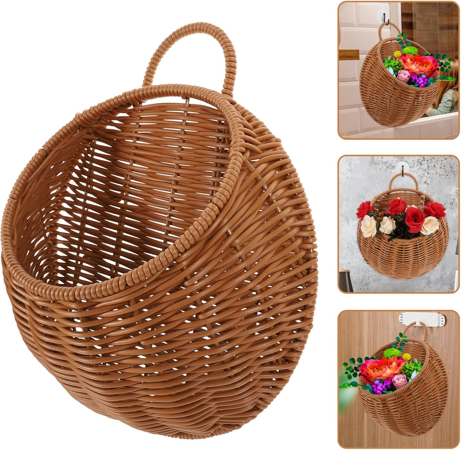Alipis Woven Basket Hanging Storage Basket Half round Flower Basket Wall Hanging Flower Pot Fruit Vegetable Rattan Box Railing Planter image number 5