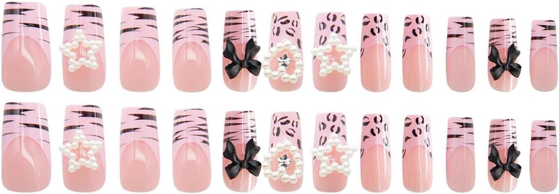 24Pcs Long Square Press-On Nails, Squoval Glossy Fake Nails with White French Tips, Acrylic Nails with Bling Glitter&Pearl Flower Designs, Stick-On False Nails with Rhinestones.