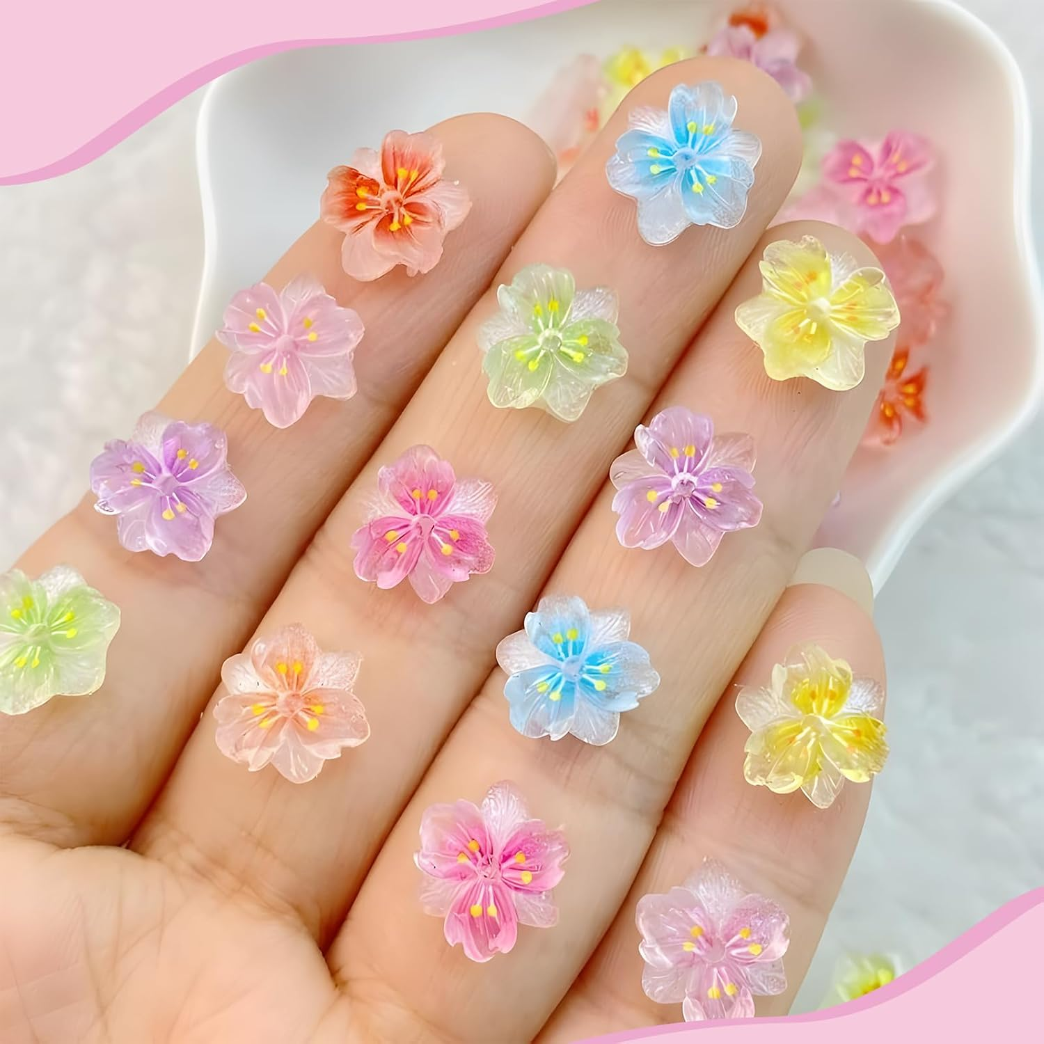 Huoflame 3D Flower Nail Charms - Ice Translucent Pack of 50 Resin Nail Decoration - Colourful Five-Leaf Charms for Nails DIY Nail Design, Glitter Rhinestone Nail Art for Gel X Nail Tips and Charm image number 1