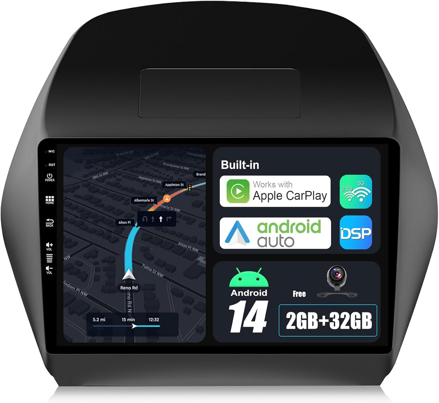 Android 14 IPS Car Stereo for Hyundai IX35 (2010-2017) - 2G+32G - Wireless Carplay/Android Auto - Rear Camera Free - 10.1 Inch 2 Din - DAB Steering Wheel Fast-Boot DSP Bluetooth Wifi image number 3