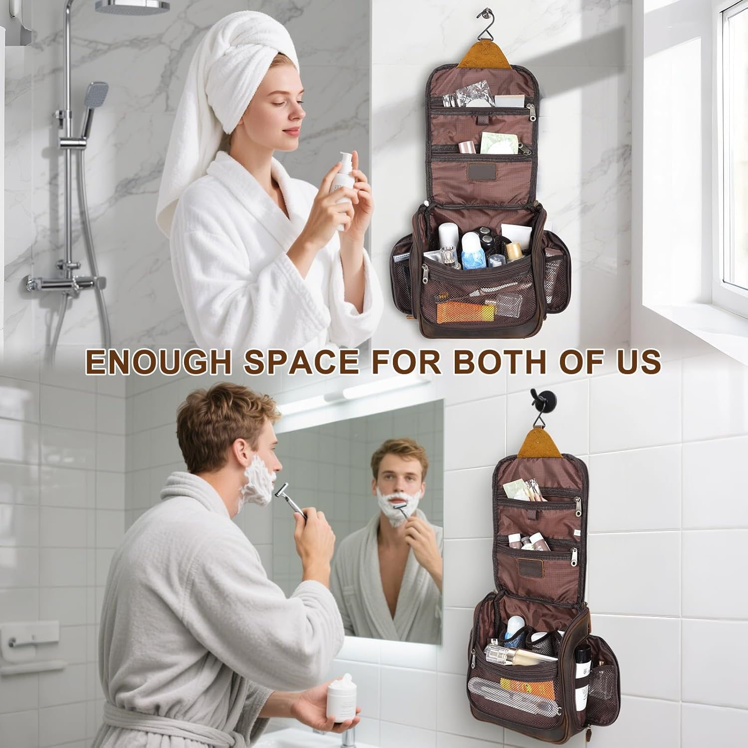 TIDING Leather Hanging Travel Toiletry Bag for Men Women Large Expandable Portable Toiletries Organizer for Travel Business Gym Use Leather Toiletries Bathroom Cosmetic Storage