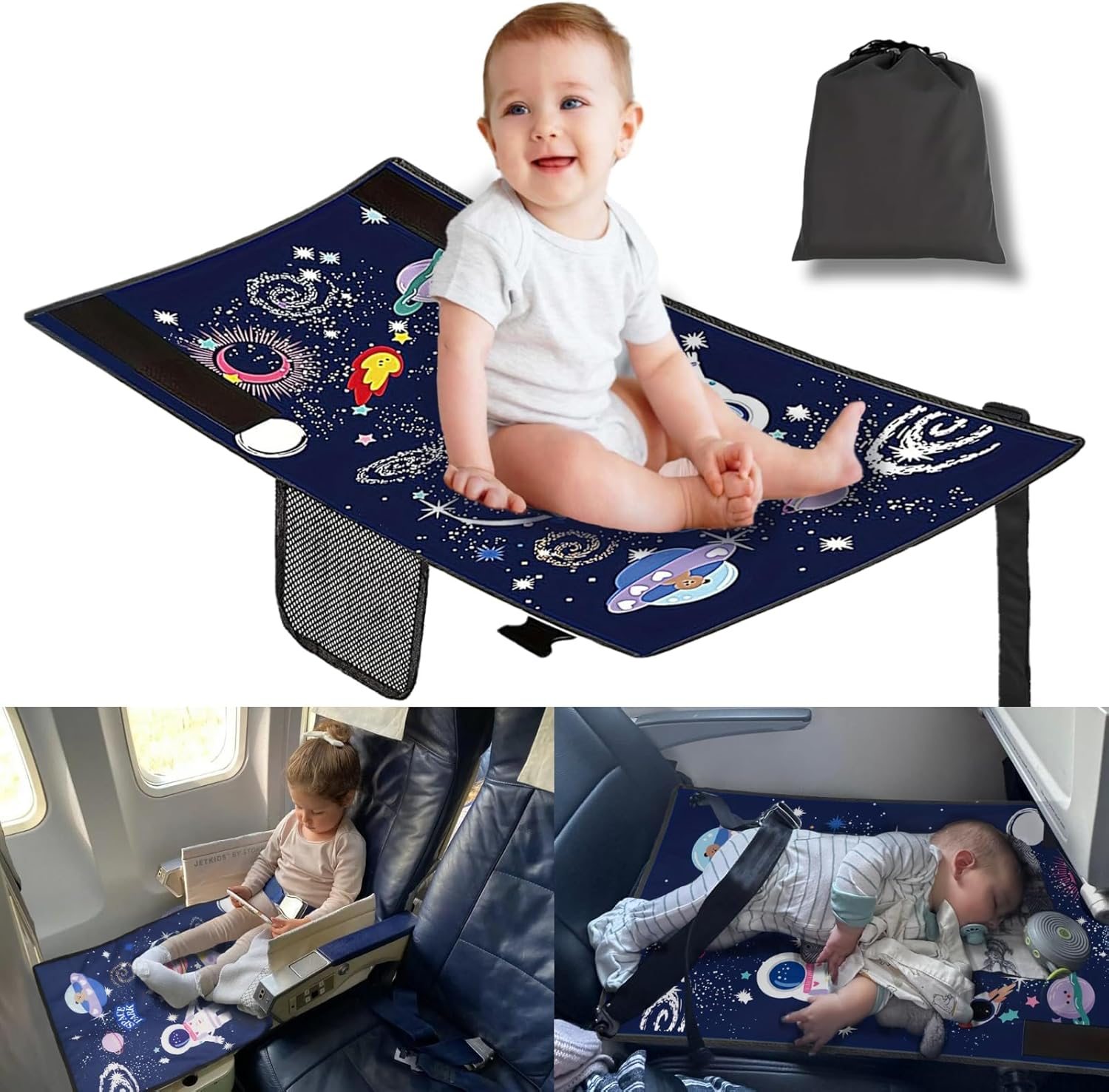 Airplane Travel Bed for Kids Foldable Airplane Bed For77*44Cm Airplane Seat Extender for Travel Waterproof Lightweight Airplane Foot Hammock for All Airplane Seats (Starry Blue) image number 3