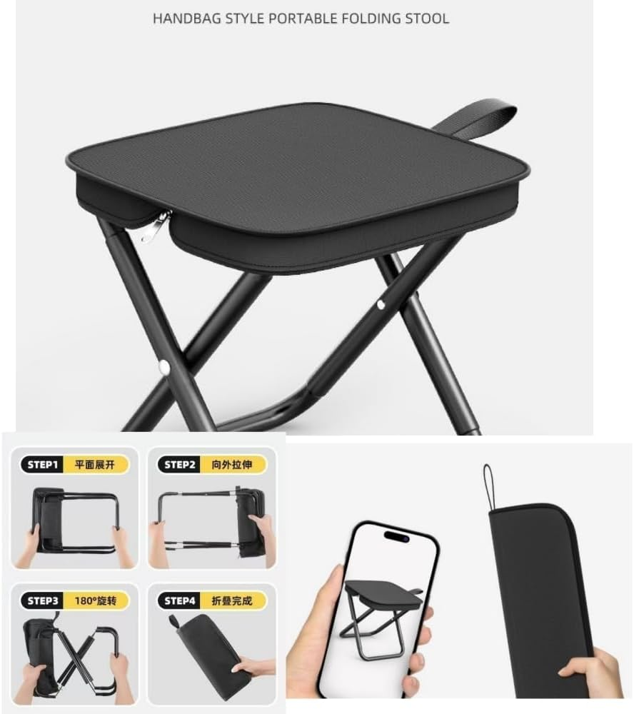 Folding Stool, Ultralight Travel Handbag Stool, Portable, High Load-Bearing, Thickened Bracket, Comfortable and Breathable for Outdoor,Camping,Hiking,Fishing,Queuing Rest,Long-Term Standing (Black) image number 4