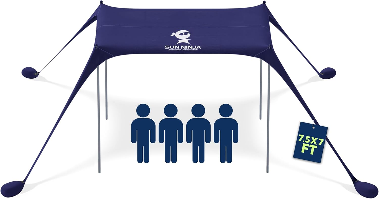 SUN NINJA Pop up Beach Tent Sun Shelter UPF50+ with Sand Shovel, Ground Pegs,And Stability Poles, Outdoor Shade for Camping Trips, Fishing, Backyard Fun or Picnics (10X10Ft 4 Pole, Navy)