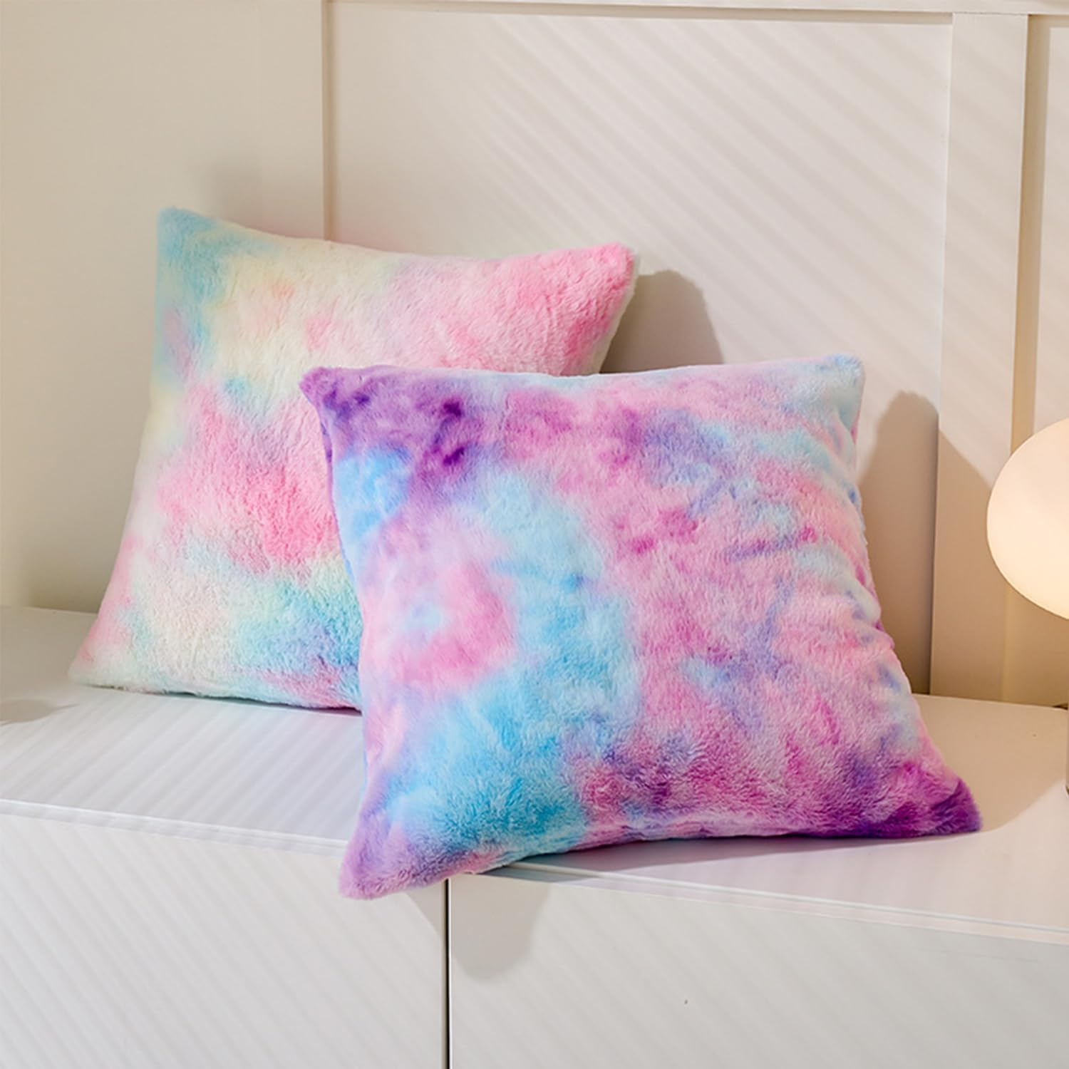 Soft Plush Throw Pillow Covers Pack of 2, Decorative Tie Dye Colorful Cushion Covers Luxury Fluffy Faux Fur Square 45X45Cm Pillowcase for Home Sofa Bedroom Living Room Couch Hotel Balcony Office Decor image number 5