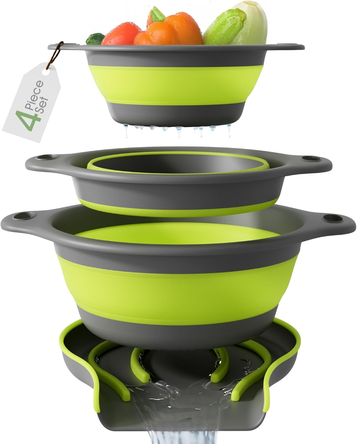 Gevoli Collapsible Colanders with Self-Draining Base for Edge of Sink, Food Strainers (Small/Med/Large), Nested Design for Easy Storage (Red, Blue, Green) (4PC Set)