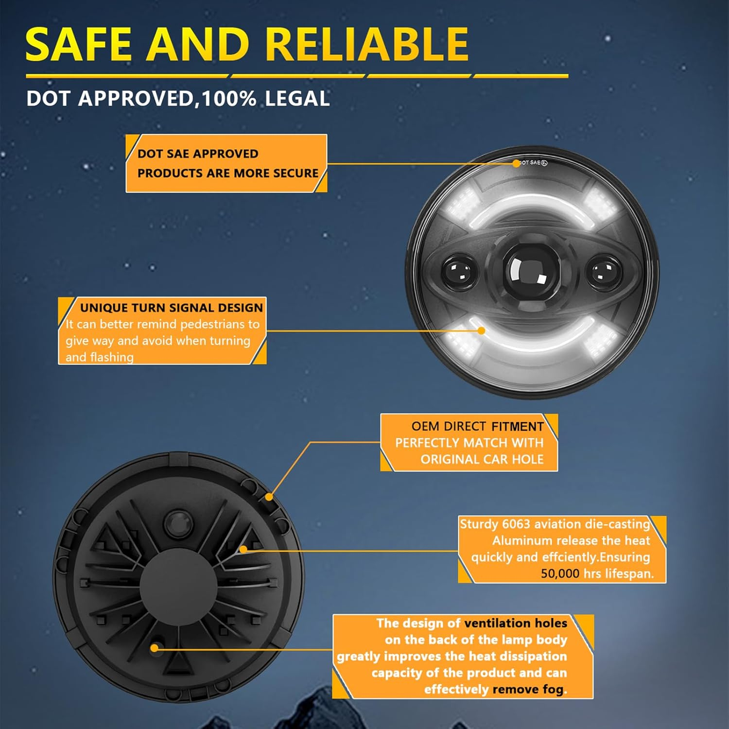 LAPOOH 1Pcs 7 Inch LED Headlight with Hi/Lo Beam, DRL and Turn Signal Waterproof 7 Inch round Headlight image number 5